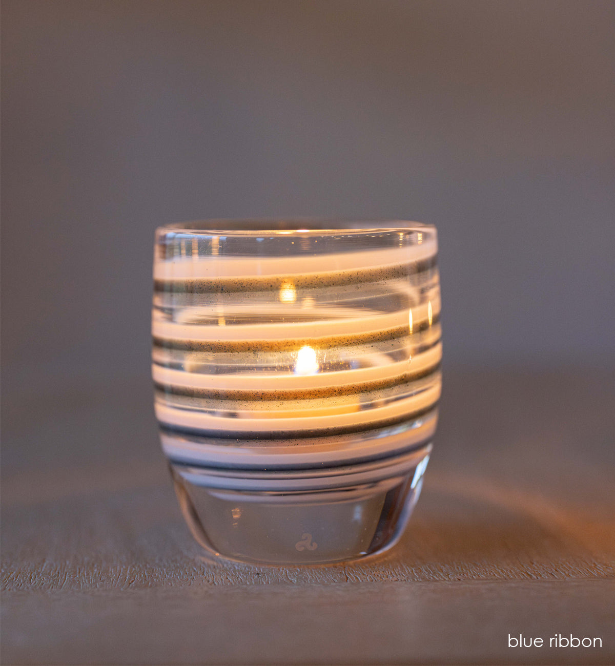 'blue ribbon' blue, white, and clear swirls hand-blown glass candle holder | glassybaby