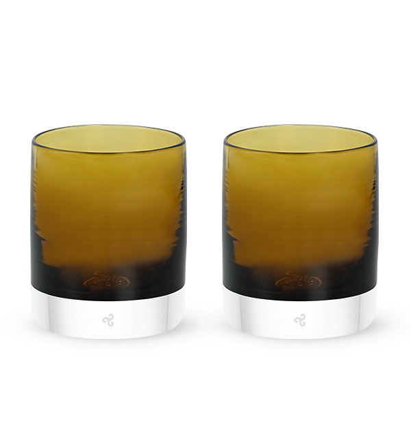 two Brown Bear rockers, dark brown transparent hand-blown glass lowball drinking glasses.