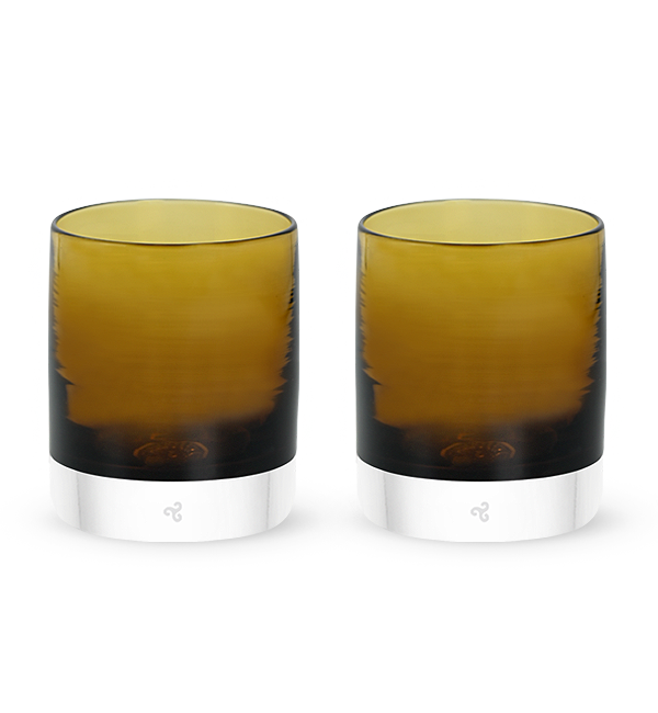 two Brown Bear rockers, dark brown transparent hand-blown glass lowball drinking glasses. #option_pair