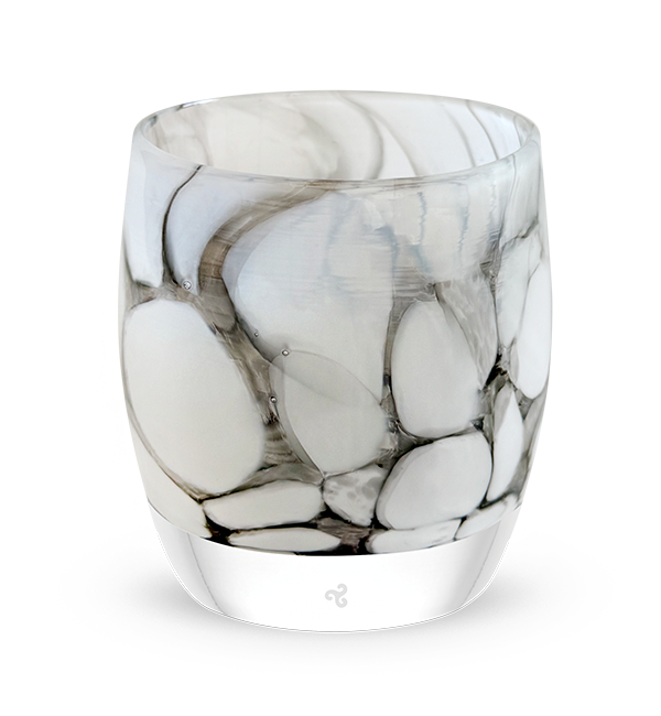 calm and clear gray and white petal, hand-blown glass votive candle holder.