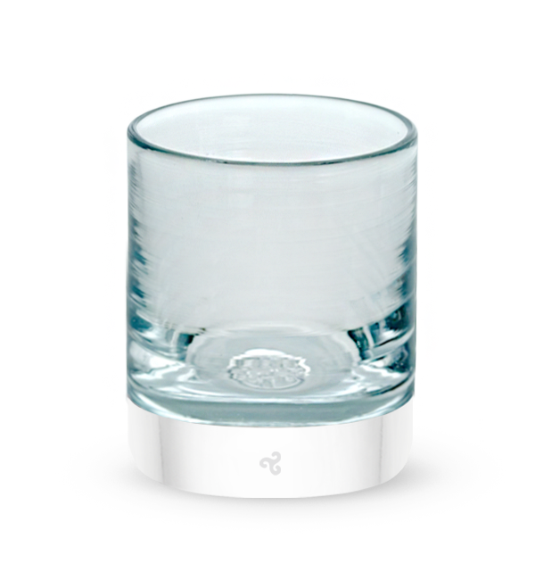 Clarity rocker, clear with light blue hues transparent hand-blown glass lowball drinking glass. #option_single