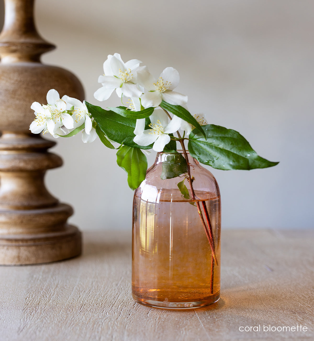 coral bloomette , transparent coral hand-blown glass flower bud vase with white flowers and a wood lamp in the background