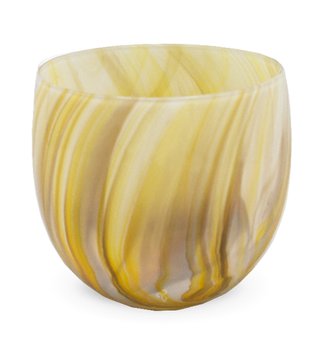 cream soda, yellow swirled hand-blown drinking glass.