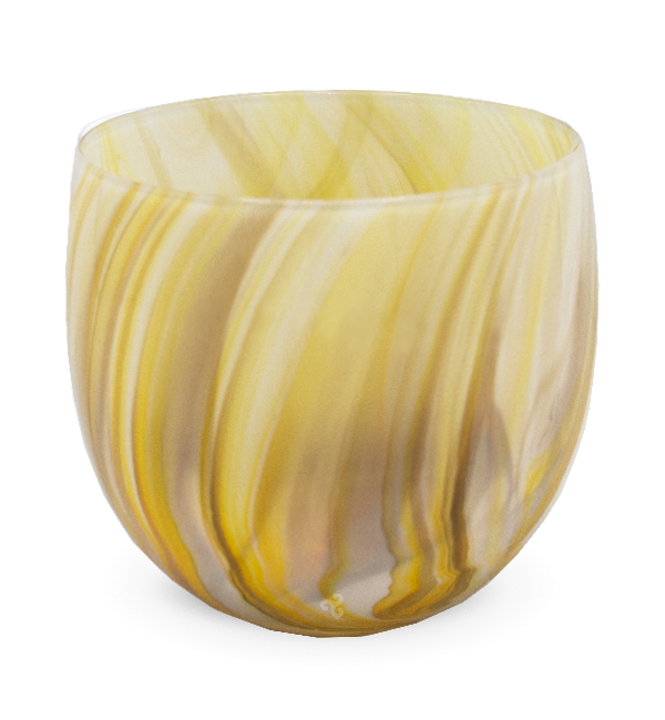 cream soda, yellow swirled hand-blown drinking glass.
