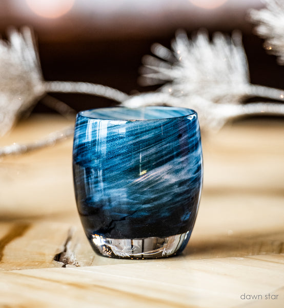 dawn star | blue glitter hand-blown glass candle holder | glassybaby