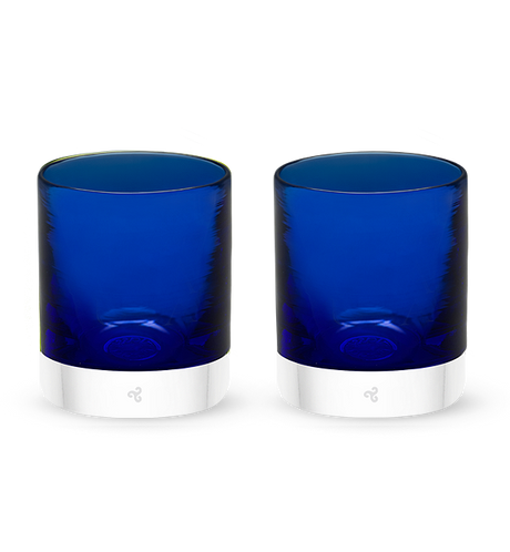 two Deep Sea rockers, dark royal blue hand-blown glass lowball drinking glasses. #option_pair