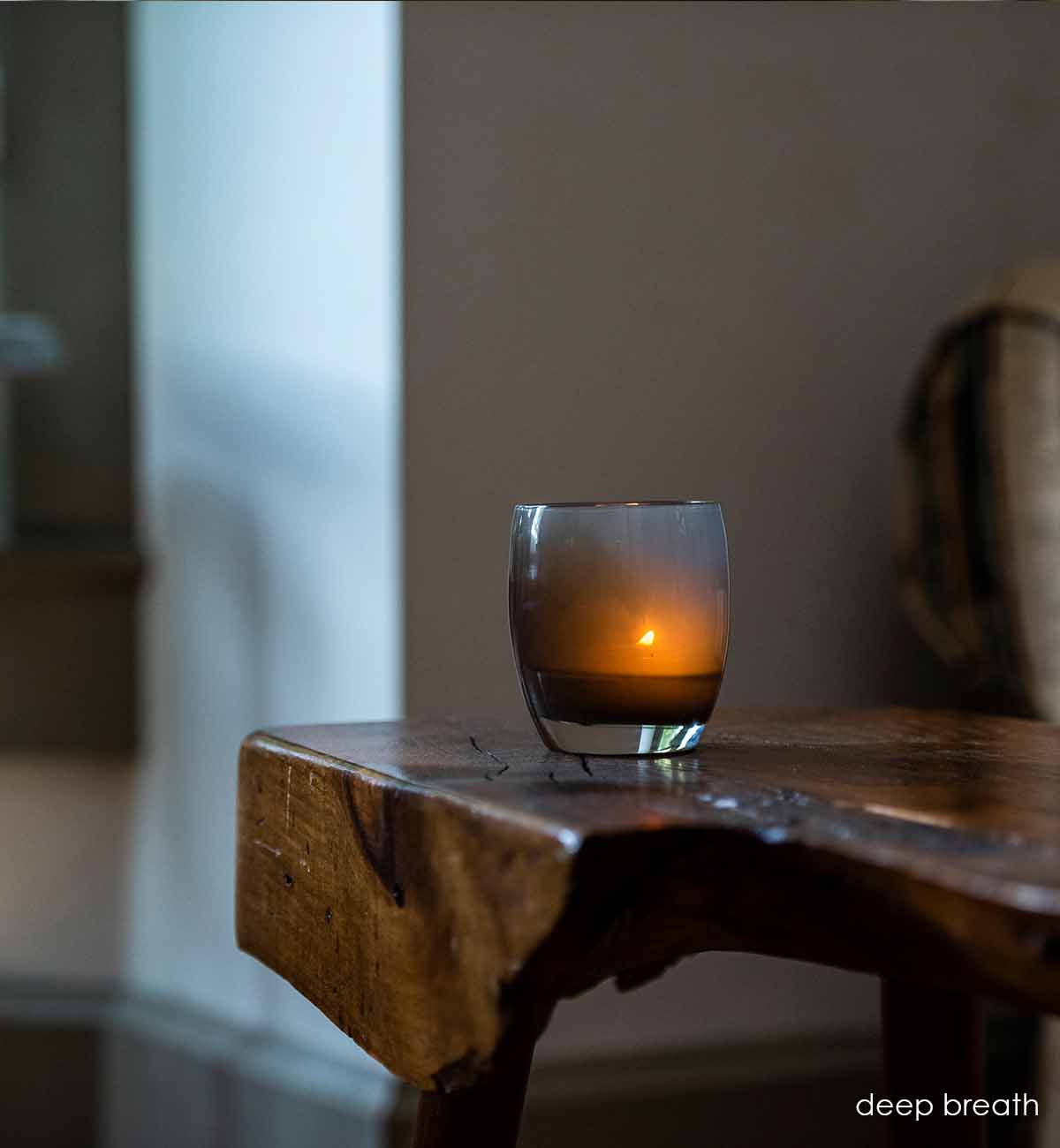 deepbreath smokey grey, hand-blown glass votive candle holder.