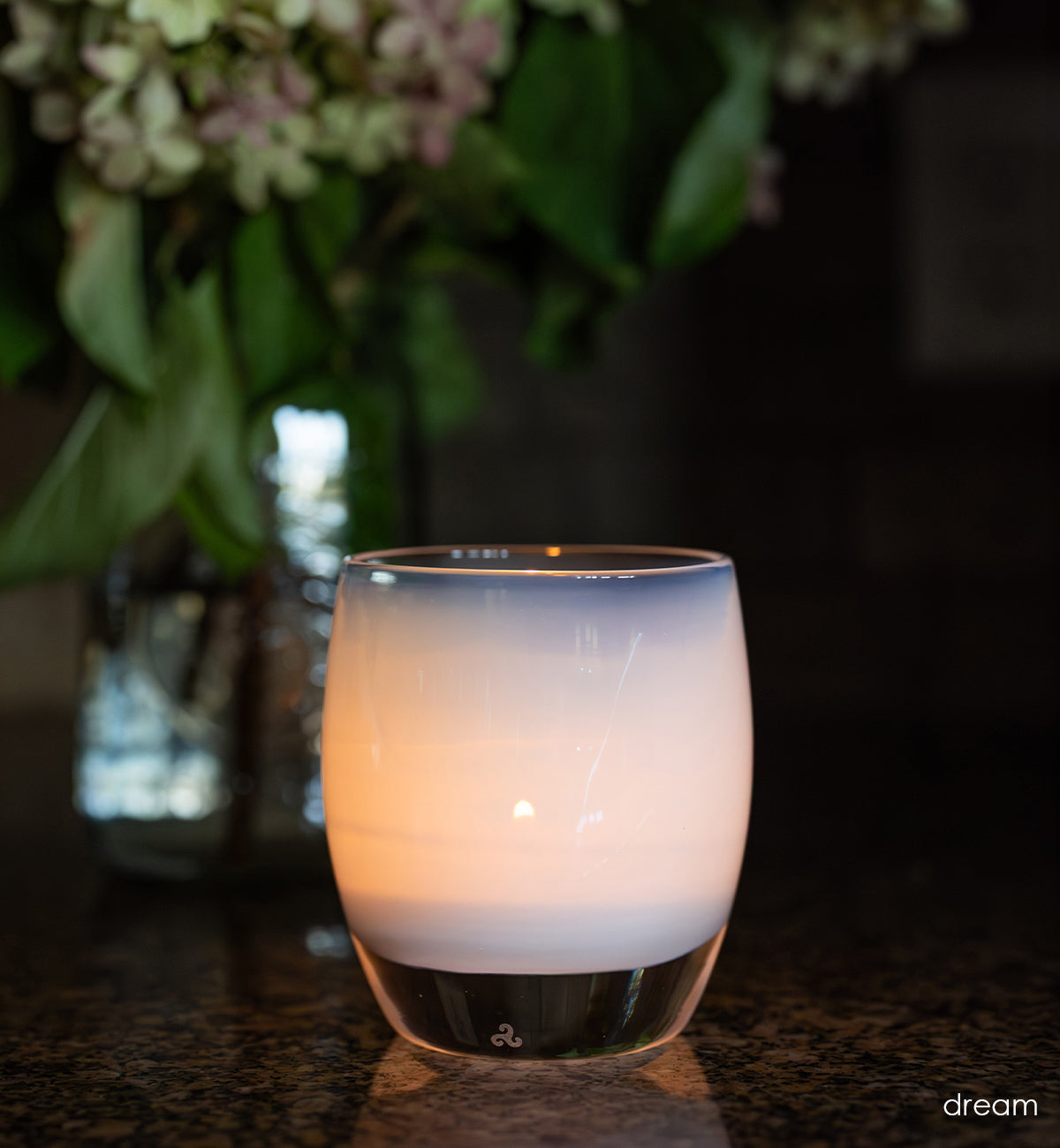 dream clear white, hand-blown glass votive candle holder.