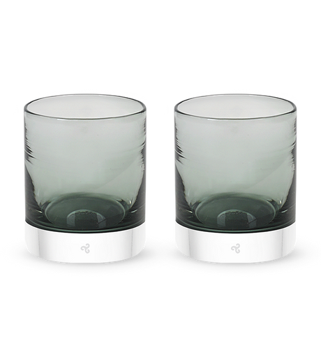 two Dusk and Dawn rockers, dark gray hand-blown glass lowball drinking glasses. #set_pair