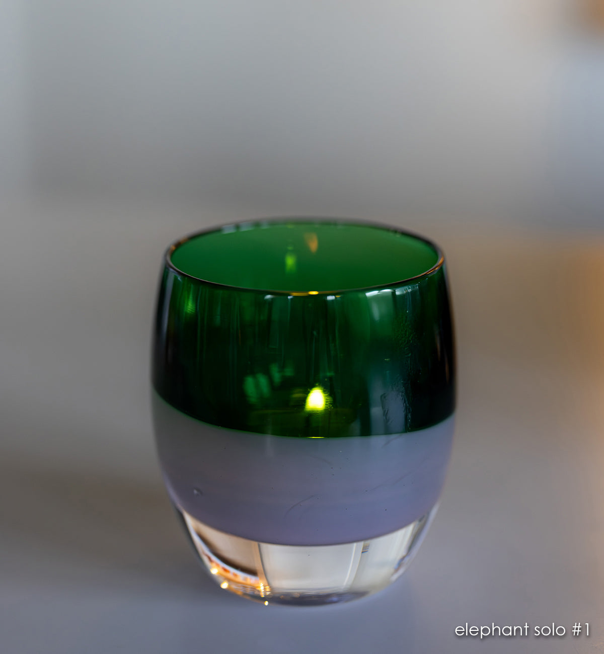 elephant solo #1 green/purple hand-blown glass candle holder. 