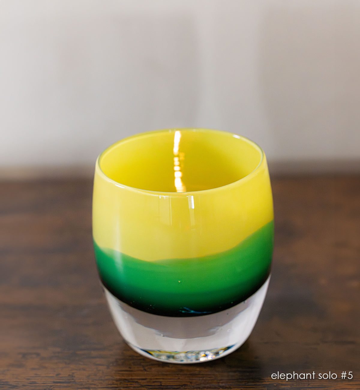 elephant solo #5 lime/green hand-blown glass candle holder. 