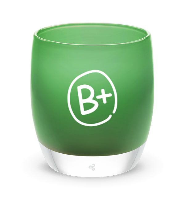 be positive vibrant opaque green hand-blown glass votive candle holder, etched with B+ encircled