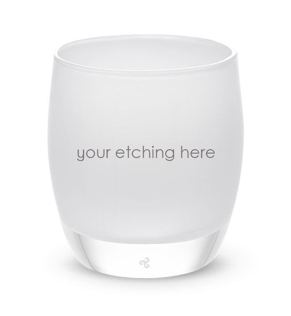 white hand-blown glass votive candle holder displaying "your etching here" across the front