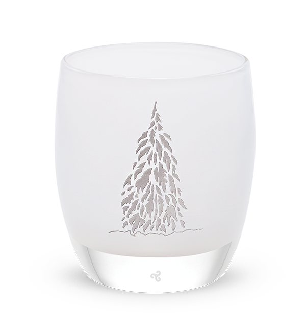 white with silver etched tree, hand-blown glass votive candle holder