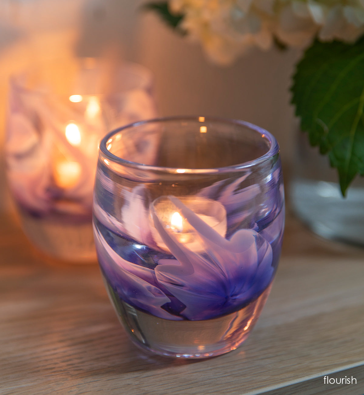 beautiful purple hand-blown glass murrini style candle holder