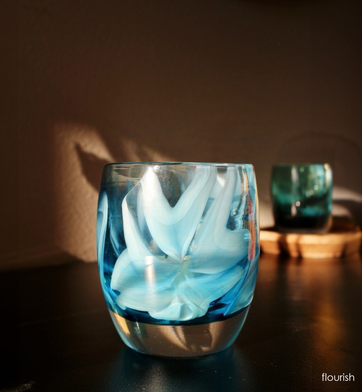 flourish | blue flower hand-blown candle holder | glassybaby