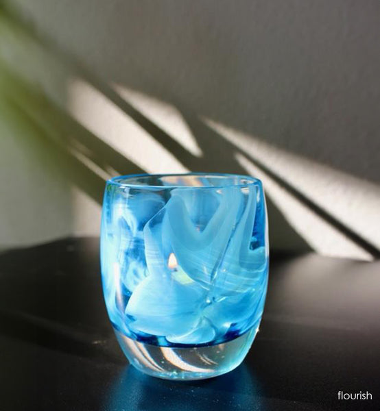 flourish | blue flower hand-blown candle holder | glassybaby