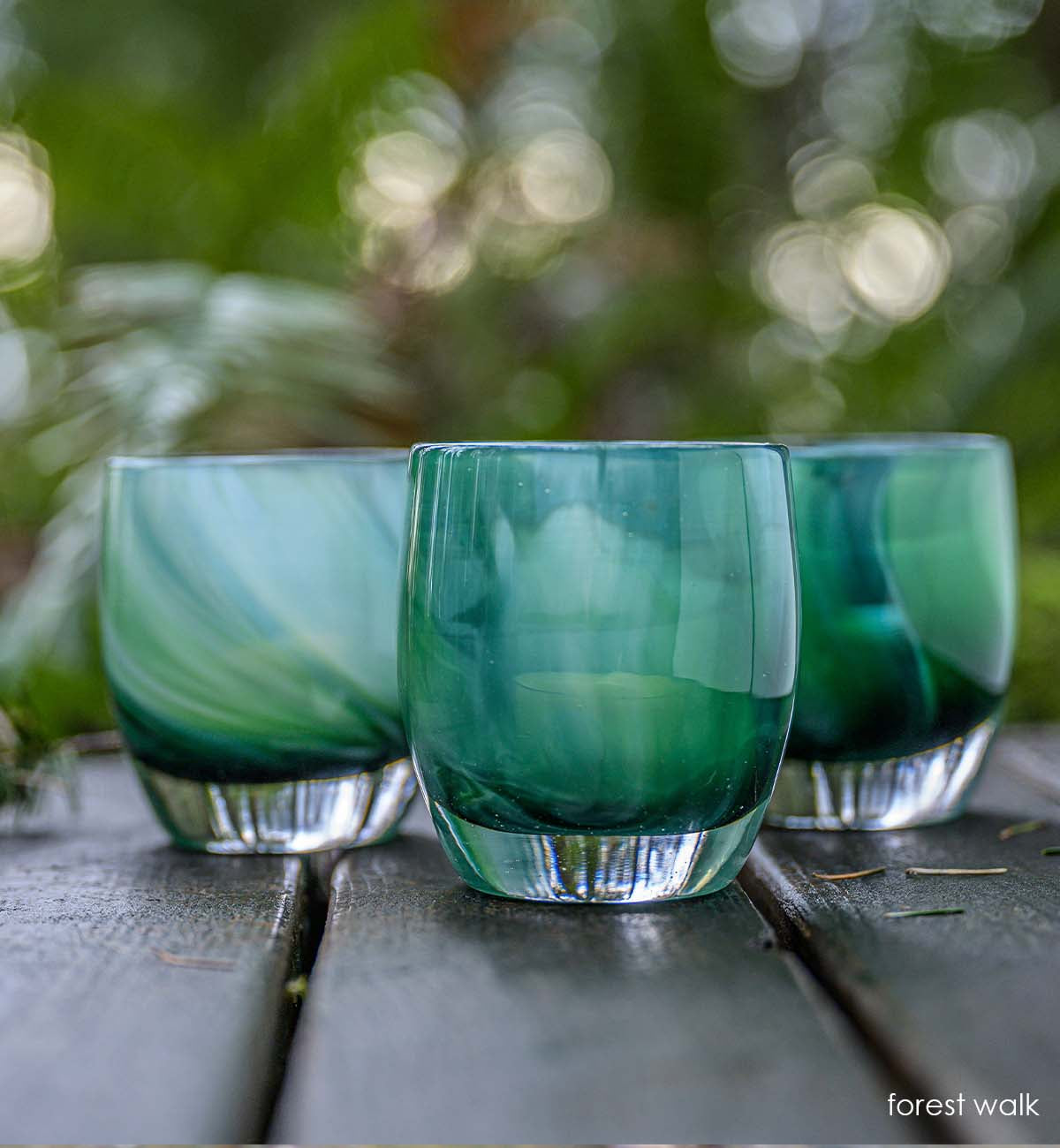 forest walk, translucent green swirl hand-blown glass votive candle holder.