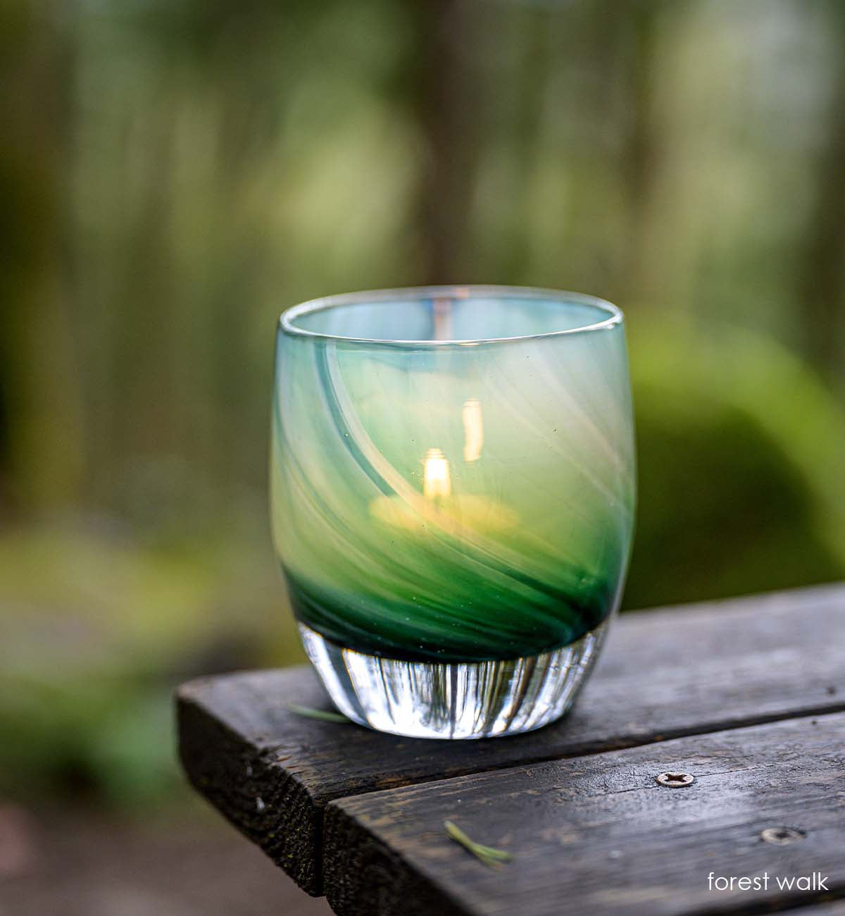 forest walk, translucent green swirl hand-blown glass votive candle holder.