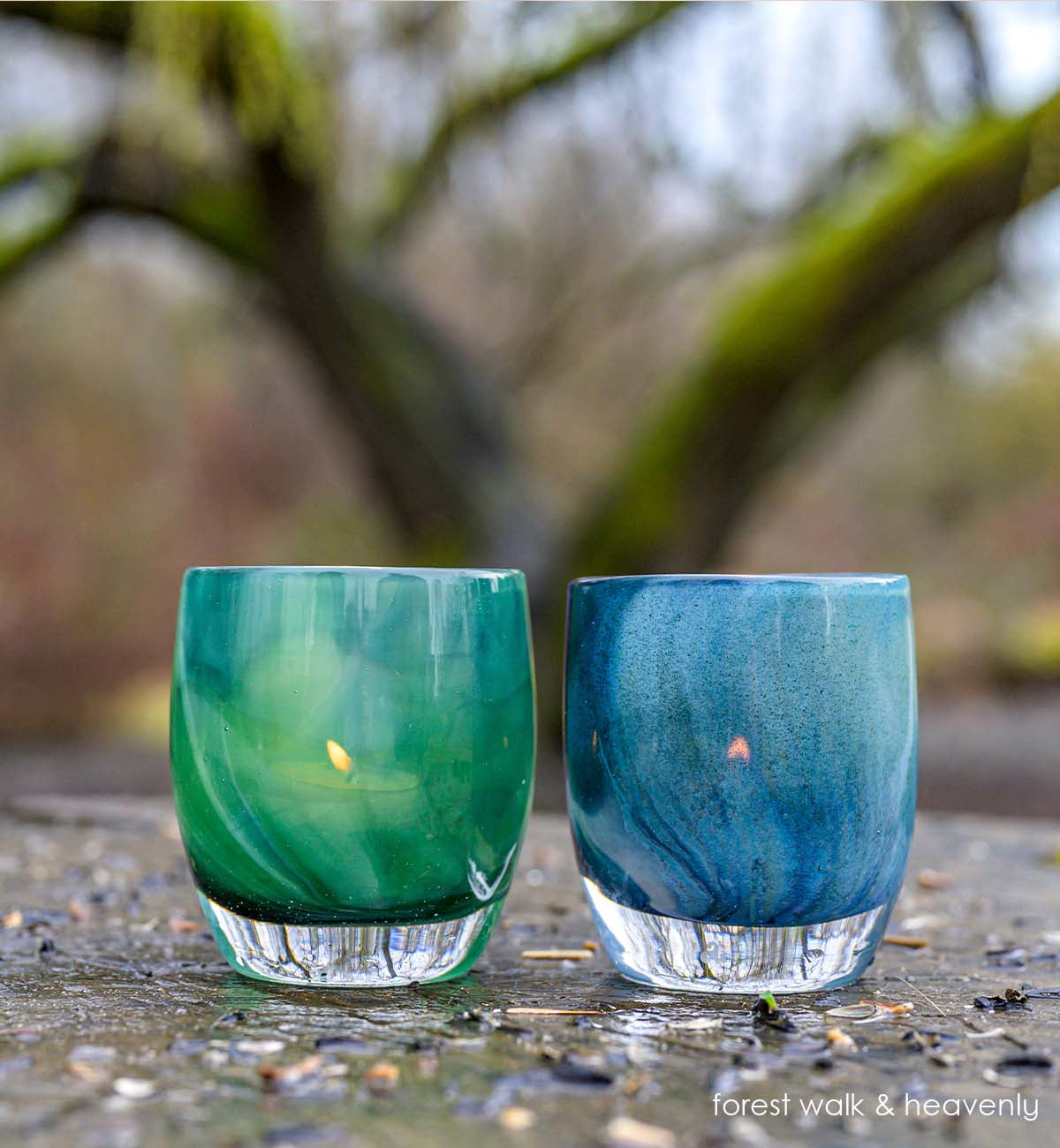 forest walk, translucent green swirl hand-blown glass votive candle holder. Paired with heavenly.