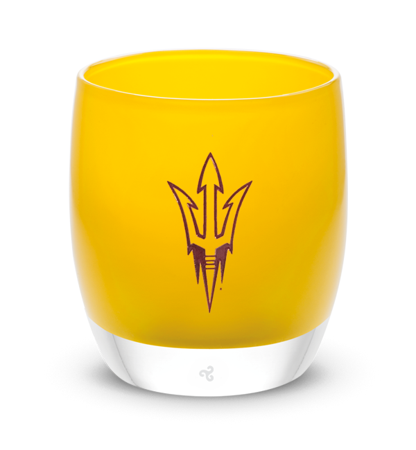 Arizona State, Arizona State University etched logo in crimson red on a yellow hand-crafted glass candle holder.