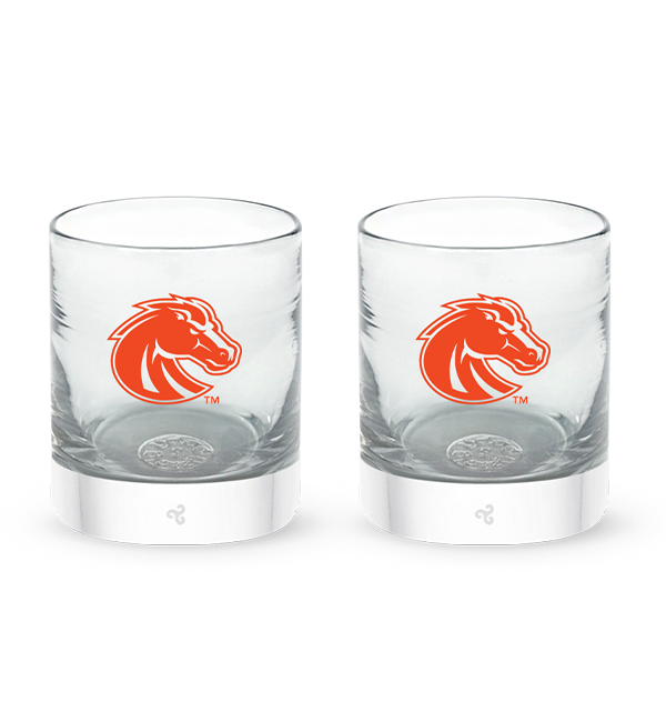 Boise State rocker set, clear hand-blown lowball drinking glasses with Boise State hand-etched in orange.