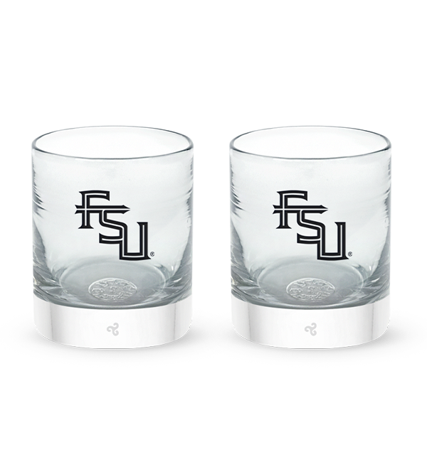 Florida State University rocker set, clear hand-blown lowball drinking glasses with FSU hand-etched in black.
