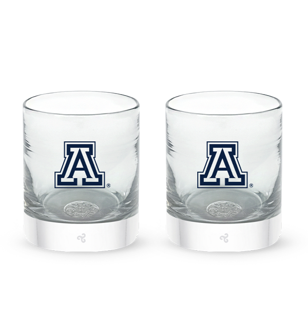 University of Arizona rocker set, clear hand-blown lowball drinking glasses with University of Arizona hand-etched in navy.