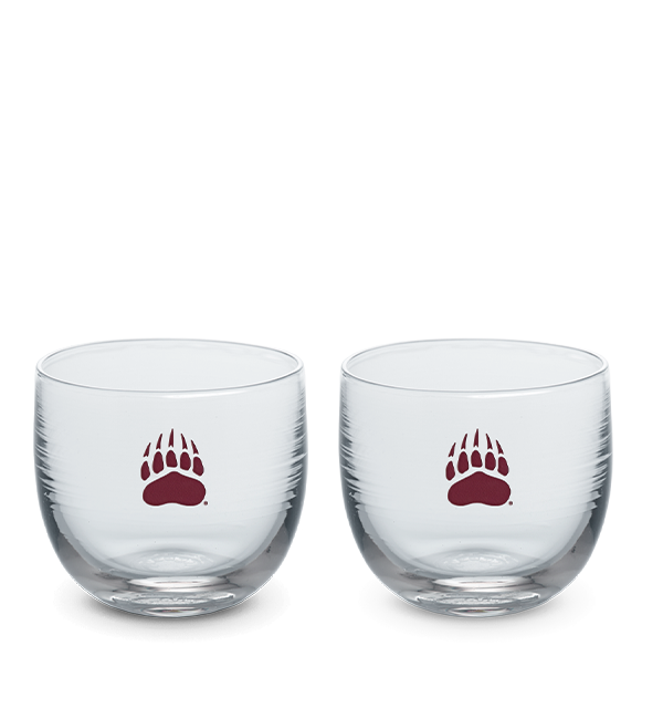 Montana drinker, clear hand-blown stemless wine glass with University of Montana bear paw print logo hand-etched in crimson.