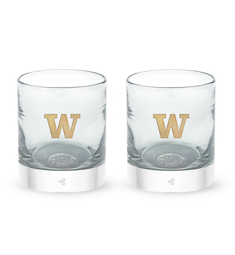 Washington rocker set, clear hand-blown stemless wine glasses with University of Washington logo hand-etched in gold.