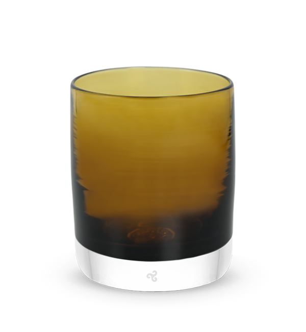 bark rocker, transparent rich dark brown, hand-blown lowball drinking glass.