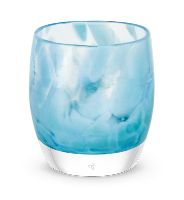 blessing light blue petal patterned, hand-blown glass votive candle holder.
