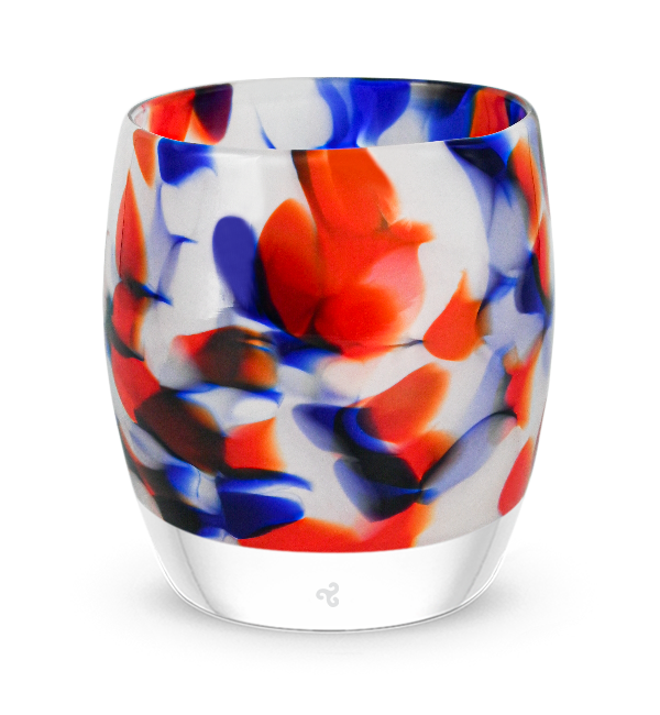 one of a kindness fireworks, red white and blue petal, hand-blown glass votive candle holder.