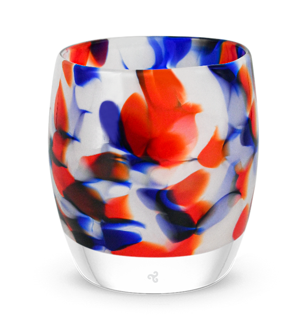 firework, red white and blue petal, hand-blown glass votive candle holder.