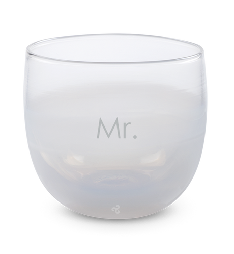 fizz white, hand-blown drinking glass, etched with the word Mr.