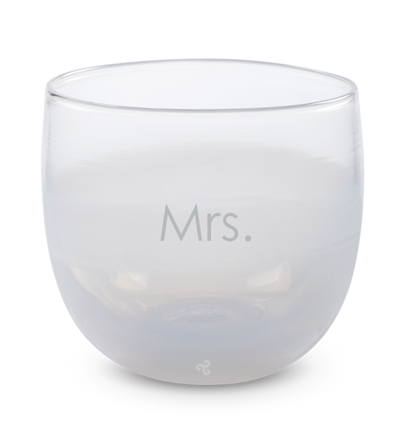 white hand-blown drinking glass etched with the word Mrs.