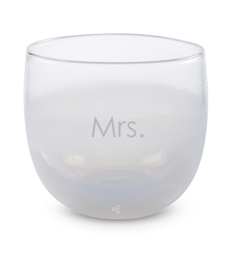 fizz white, hand-blown drinking glass, etched with the word Mrs.