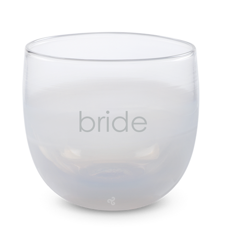fizz white, hand-blown drinking glass, etched with the word bride.
