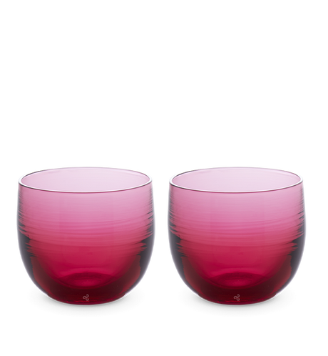 fruit punch drinker set, two transparent raspberry, hand-blown drinking glasses.