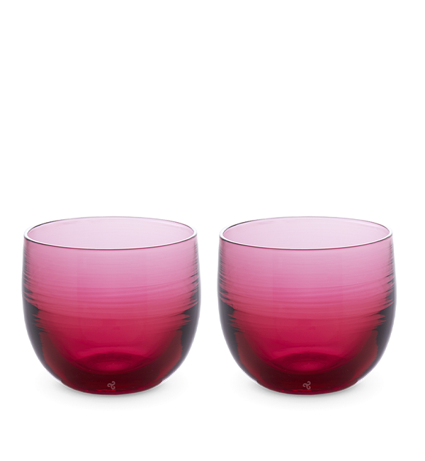 fruit punch drinker set, two transparent raspberry, hand-blown drinking glasses.
