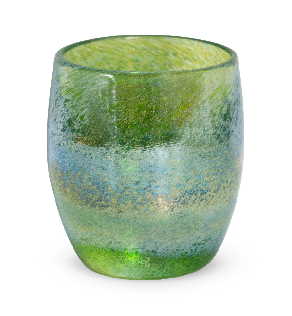 gathering, a vibrant shimmering green, hand-blown glass votive candle holder.