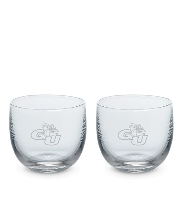 Gonzaga drinker set, clear hand-blown stemless wine glasses with Gonzaga University logo hand-etched in sliver.