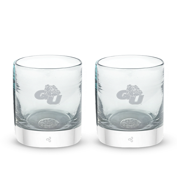 Gonzaga rocker set, clear hand-blown lowball drinking glasses with Gonzaga University logo hand-etched in silver.