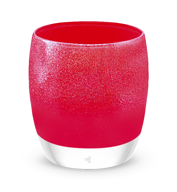 heartshine, shimmering glitter that enrobes the top of a bright red base, hand-blown glass votive candle holder.