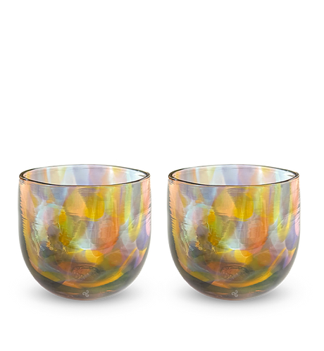 iced tea set , two multi-colored hand-blown drinking glasses.