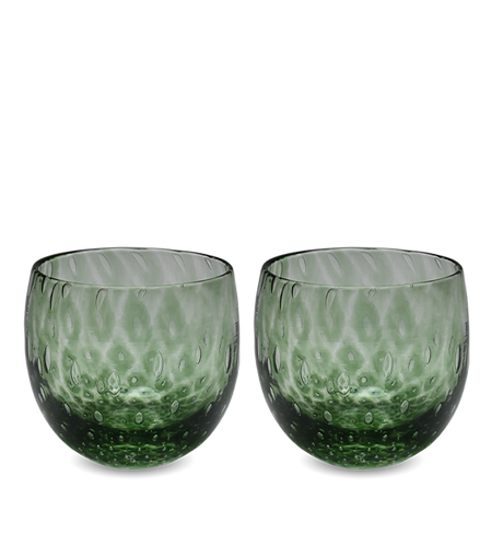 infusion set is a dark green hand-blown drinking glasses with a bubble pattern.