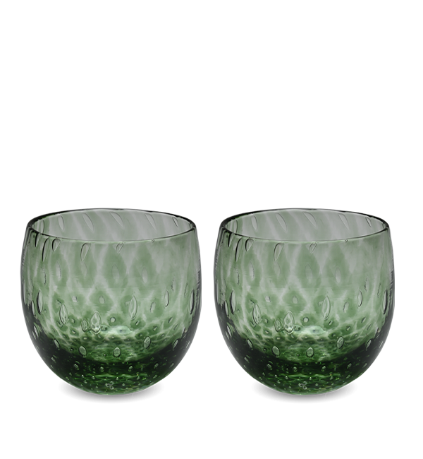 infusion set is a dark green hand-blown drinking glasses with a bubble pattern.