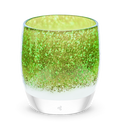 magnificent green and gold tones cover a white base, hand-blown glass candle holder. 