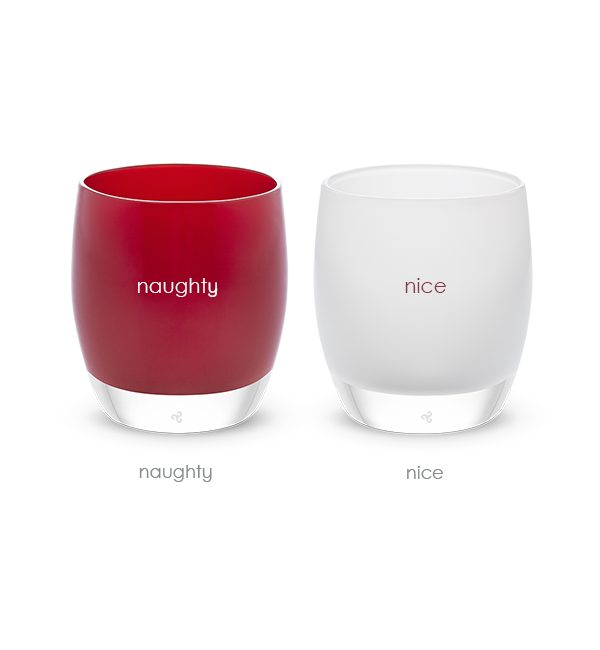 naughty and nice set, naughty red, nice white, set of hand-blown glass votive candle holders