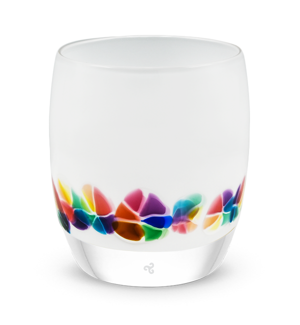 paradise white rainbow murrini detail hand-blown glass votive candle holder